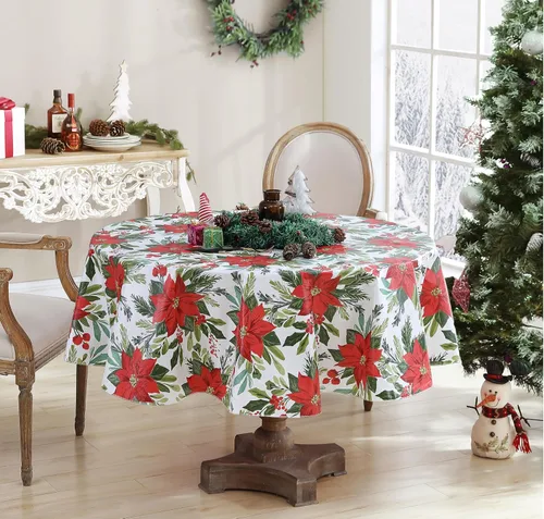 Vista 2 de Newbridge Poinsettia Flourish - Mantel de vinilo navideño de Pascua con respaldo de franela, cubierta de mesa festiva contemporánea de Pascua roja