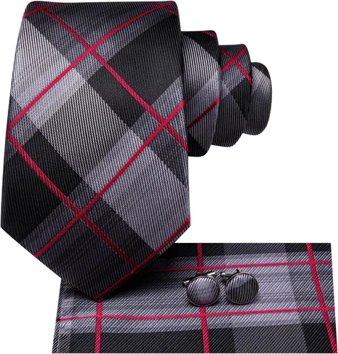 Vista 123 de Hi-Tie Corbata clásica de cachemira para hombre con pañuelo y gemelos a cuadros