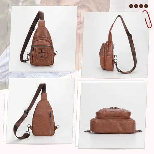 Vista 8 de SUOSDEY 2024 Sling Bag for Women Leather Crossbody Bags for Women Trendy Chest Bag Traveling Walking