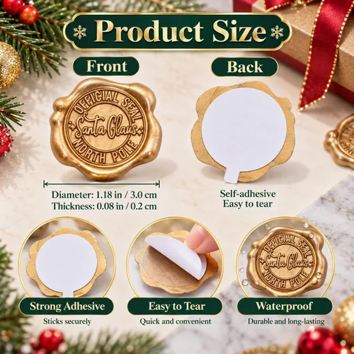 Vista 6 de SWANGSA Calcomanías de sello de cera oficiales de Santa Claus Northpole, 50 unidades, color dorado antiguo, autoadhesivas, para Navidad, invitación