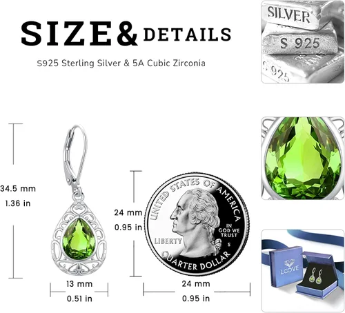 Vista 270 de Aretes colgantes de plata de ley con diseño de árbol de la vida, flor, abeja, animales, gato, colibrí, piedra lunar, turquesa, aretes con cierre