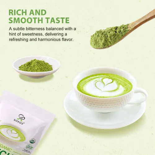 Vista 6 de Soeos Polvo de Matcha Orgánico, Polvo de Té Verde Matcha, 2 oz (57g), Matcha Japonés Rico en Antioxidantes para Lattes, Batidos y Hornear, Bolsas