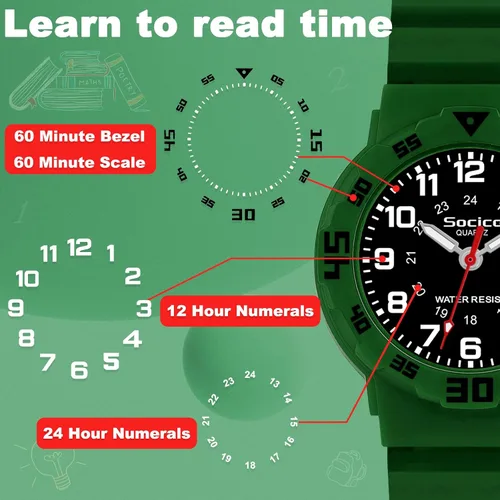 Vista 4 de Reloj analógico para niños, resistente al agua, para enseñar el tiempo, para niños y niñas, correa suave para aprender