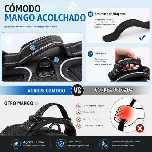 Vista 4 de Arnés para perro sin tirones, arnés reflectante cómodo ajustable con mango de fácil control delantero y trasero, acolchado suave para mascotas