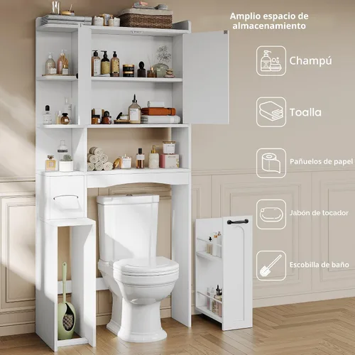 Vista 6 de Einhomn Armario de almacenamiento sobre el inodoro con polea y puertas Blanco