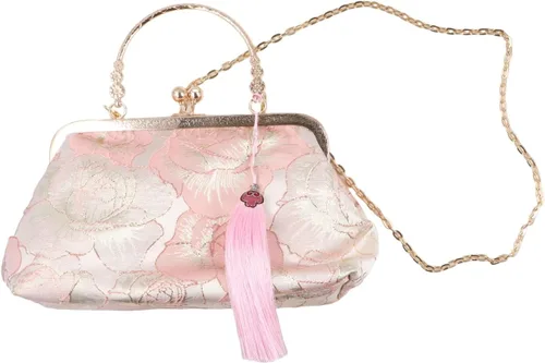 Vista 3 de Bolso vintage para mujer, bolso de noche con asa superior, bolso de banquete bordado, estilo chino, cartera, bolso de mensajero de hombro, Rosado
