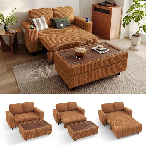 Vista 37 de LINSY HOME Sofá cama seccional con sofá cama extraíble para sala de estar (azul) Plush Corduroy