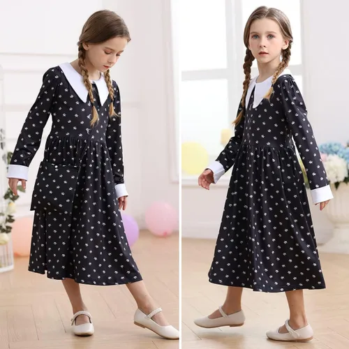 Vista 3 de Luzlen Wednesday Addams - Disfraz para niñas con peluca y calcetines para niños, vestido familiar Addams, disfraz de Halloween y cosplay, trajes