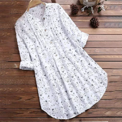 Vista 2 de JOFOW Blusa casual de algodón y lino, tres cuartos de manga larga, plisada, cuello redondo, holgada, para mujer