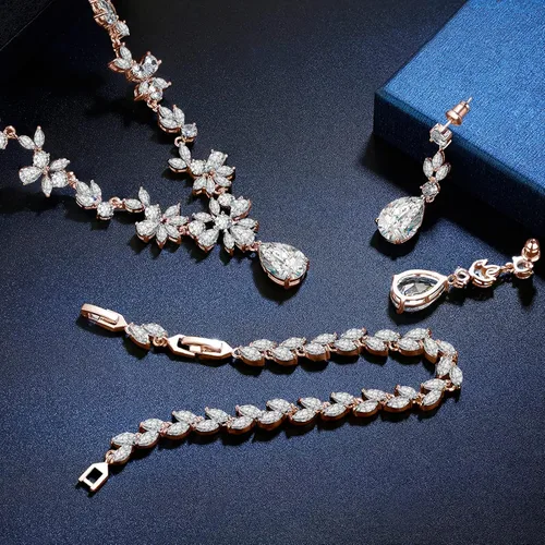 Vista 3 de Joyería de boda para novia, collar de novia de plata con circonita cúbica transparente, juego de joyas de novia para boda, fiesta de boda