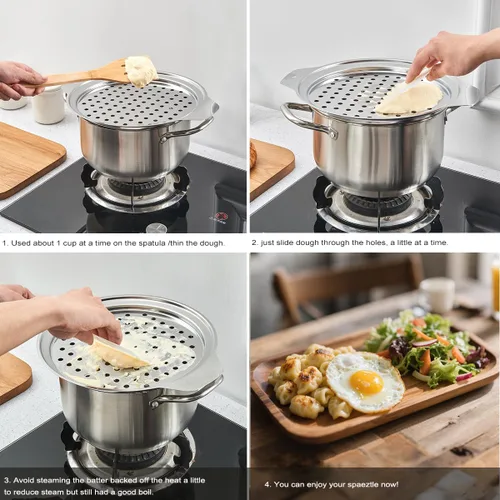 Vista 4 de Tapa de acero inoxidable de alta calidad con raspador, herramientas para hacer fideos de huevo alemán tradicionales, olla, pasta, verduras, colador