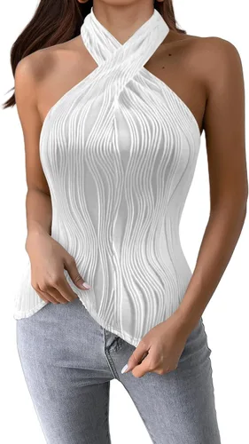 Vista 4 de SOFIA'S CHOICE Camiseta sin mangas sexy con cuello halter para mujer, con textura cruzada