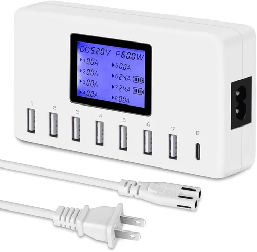 Vista 9 de Estación de carga USB de 60 W, 12 A, 8 puertos, cargador concentrador USB multipuerto, pantalla LCD de tamaño compacto, compatible con iPhone, iPad