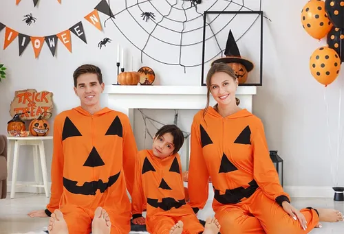 Vista 3 de ANGELGGH Pijama de Halloween a juego para la familia, pijamas de vacaciones para mujereshombresniñosparejas, lindo disfraz de calabaza para descansar