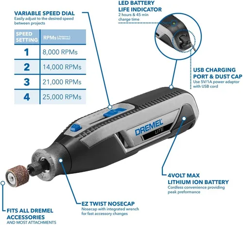 Vista 4 de Dremel Lite 7760 N/10 - Herramienta rotativa inalámbrica con batería de 4V Li-Ion, velocidad variable, multipropósito, Kit de herramientas rotativas