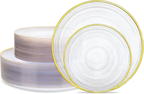 Vista 10 de Morejoy - 100 platos de plástico negro, platos desechables negros con borde dorado Black and Gold Plastic Plates, Modern swirl design Plates