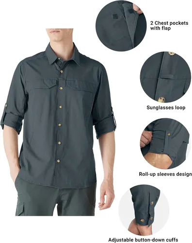 Vista 3 de Outdoor Ventures Camisa de senderismo para hombre con protección solar UPF 50+, manga larga, ligera, de secado rápido, para safari, viajes, pesca