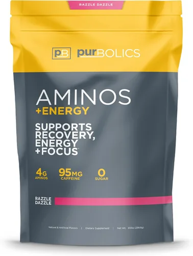 Vista 10 de Purbolics Aminos + Energía Apoya la recuperación, la energía y la concentración 95 mg de cafeína, 0 calorías y 60 porciones (azul acero)