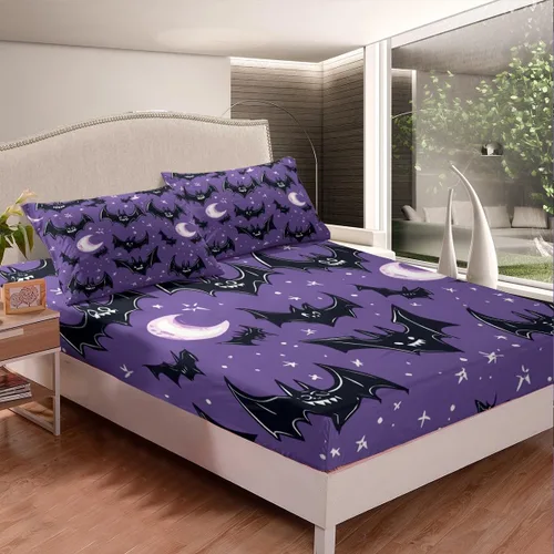 Vista 2 de Lindas sábanas de murciélagos tamaño individual, juego de sábanas de Feliz Halloween para niños y niñas, Kawaii cielo estrellado estrellas luna