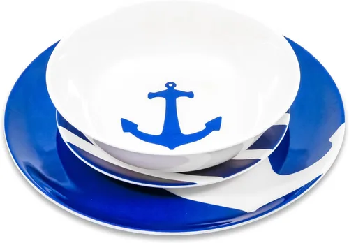 Vista 3 de Camco Juego de vajilla de melamina de 12 piezas - Presenta diseño náutico azul y blanco - Incluye 4 cuencos, 4 platos de ensalada y 4 platos llanos