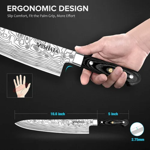 Vista 3 de MOSFiATA - Cuchillo de chef de 10 pulgadas súper afilado, cuchillo de cocina profesional con protector de dedos en caja de regalo, cuchillo
