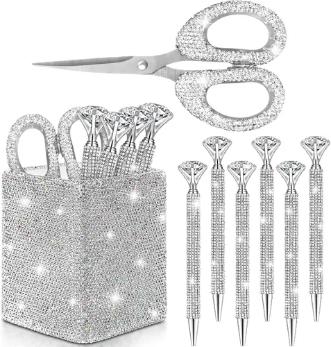 Vista 8 de Qilery 8 accesorios de escritorio brillantes de regalo con 1 soporte para bolígrafo, 6 bolígrafos de diamantes de imitación de cristal, 1 tijeras