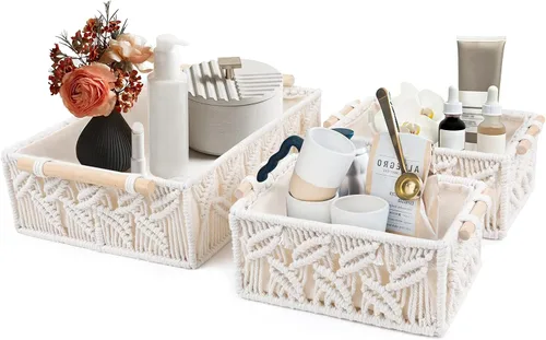 Vista 4 de ANMINY 3 cestas de almacenamiento de macramé para organizar cestas de decoración bohemia, cestas de almacenamiento con asas de madera, cajas