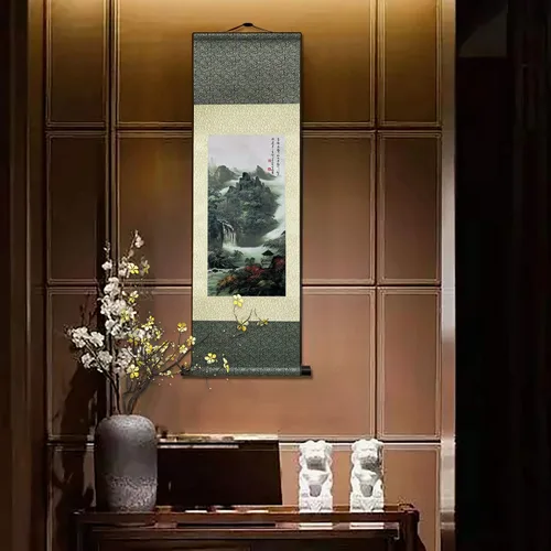 Vista 8 de AtfArt Decoración asiática de pared, hermosa pintura de pergamino de seda del paisaje del río de la cascada - Montaña, primavera, otoño