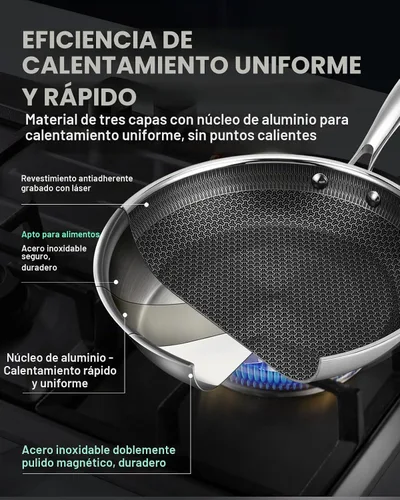 Vista 3 de Sartén antiadherente de 8 pulgadas con tapa, sartén híbrida antiadherente de acero inoxidable con mango de enfriamiento permanente, sin PFOA,