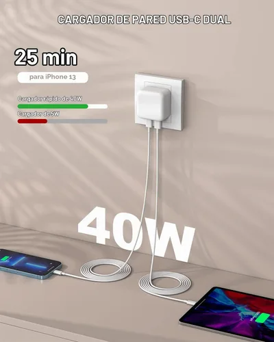 Vista 5 de Cargador rápido para iPhone, cargador de pared rápida USB-C dual de 40 W, carga de 10 pies, paquete de 2 cables Lightning extralargos de 10