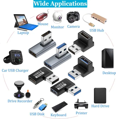 Vista 6 de Paquete de 6 adaptadores USB 3.1 macho a hembra de 10 Gbps hacia arriba hacia abajo a la izquierda derecha 90 grados de ángulo recto cable USB