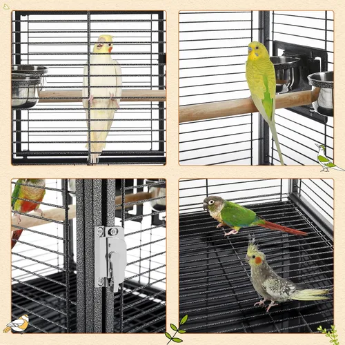 Vista 8 de Yaheetech Jaula de viaje para pájaros de hierro forjado de 25.5 pulgadas con asa, perca de madera y protector de semillas para loros pequeños