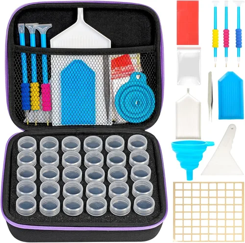 Vista 7 de MoeeBtee Contenedores de almacenamiento de pintura de diamantes, 30 ranuras, accesorios de pintura de diamantes con herramientas para organizador