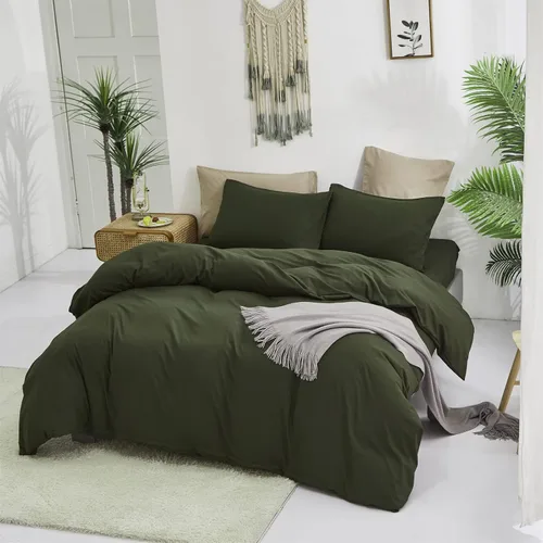 Vista 5 de Luxlovery Juego de edredón verde militar, juego de ropa de cama individual, minimalista, suave, transpirable y moderno, para todas las estaciones