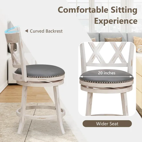 Vista 8 de COSTWAY Juego de 2 taburetes de bar para isla de cocina, taburetes giratorios de altura de mostrador sin brazos de 25.5 pulgadas con asiento