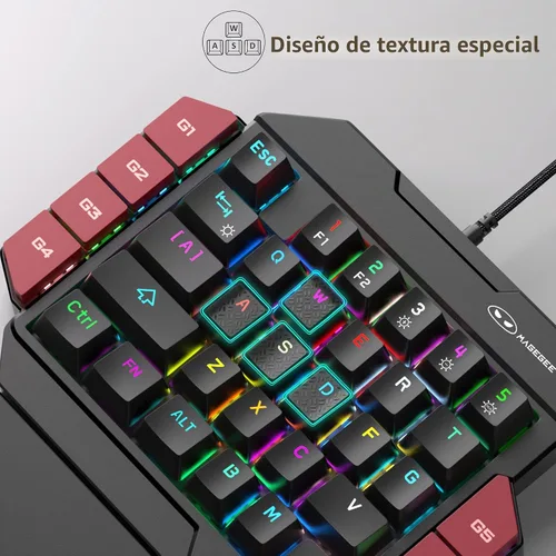 Vista 4 de MageGee Teclado profesional para juegos con una mano, retroiluminación RGB de 35 teclas, mini teclado mecánico con cable con interruptor azul