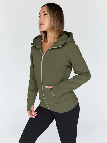 Vista 42 de Trendy Queen Sudaderas con capucha y cremallera para mujer, chaquetas de vellón, talla extragrande, moda de otoño e invierno