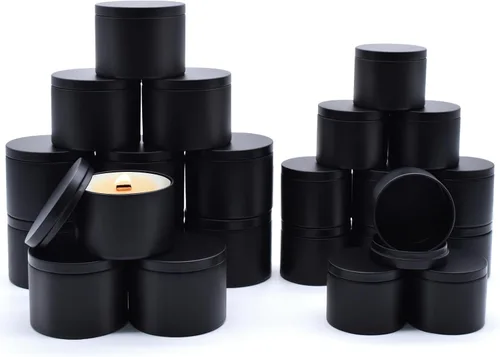 Vista 14 de Paquete de 12 tarros de velas, latas de velas de 4 onzas con tapas de impresión de grano de madera de metal, tarros de velas de metal vacíos