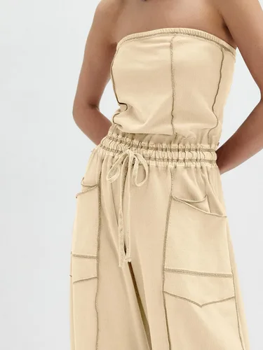 Vista 4 de Sexyasasii Overol casual sin tirantes para mujer, con hombros descubiertos, pantalones largos de pierna ancha con cordón y bolsillos
