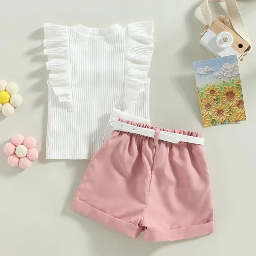Vista 4 de Conjunto de ropa de verano para niña pequeña, con volantes, sin mangas, acanalada, pantalones cortos de cintura elástica con cinturón, ropa de moda