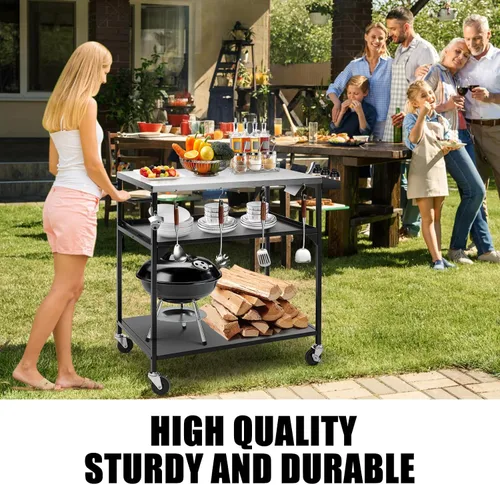Vista 6 de Mesa de horno de pizza al aire libre, mesa de parrilla al aire libre con cubierta impermeable, mesas de carrito de comedor movibles con ruedas