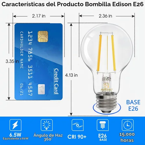 Vista 2 de Energetic - Bombilla LED Edison A19, regulable E26, equivalente a 60 W 3000K Blanco Cálido