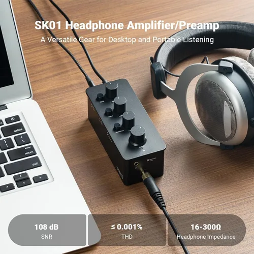 Vista 4 de Fosi Audio SK01 Amplificador para Auriculares Ecualizador Preamplificador con Control de Tono de Graves, Medios y Agudos y Compensación de Sonoridad