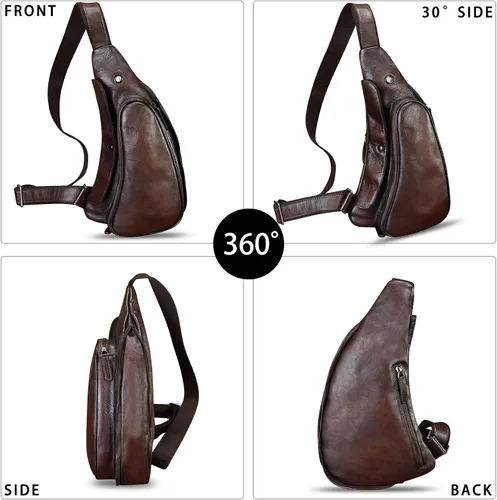 Vista 5 de Bolso de cuero genuino para mujeres y hombres, mochila de cuero retro para el pecho, bolso cruzado, Café