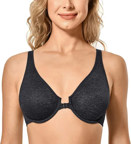Vista 2 de DELIMIRA Brasier cómodo con cierre frontal y espalda cruzada para mujer, talla grande, sin costuras, sin costuras