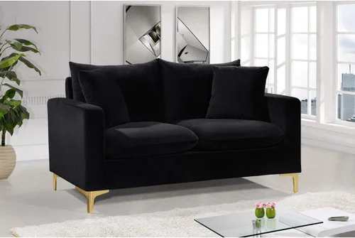 Vista 2 de Meridian Furniture Naomi Collection Modern Sofá de dos plazas tapizado de terciopelo negro contemporáneo con base de acero inoxidable en un