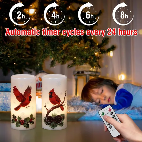Vista 6 de Velas sin llama de cardenal de Navidad en pilar con control remoto y temporizador, velas LED en portavelas de cera real, vela operada por batería