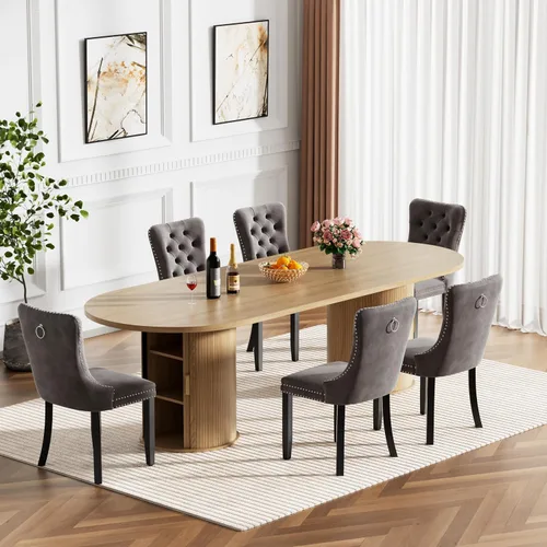 Vista 40 de Mesa de comedor redonda extensible de 94 pulgadas con base de almacenamiento, mesa de comedor expandible natural para 10, mesa de comedor de madera