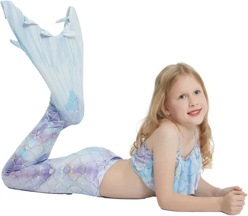 Vista 4 de Traje de baño de cola de sirena para niñas, traje de baño de princesa, conjunto de 5 piezas para 3-12 años