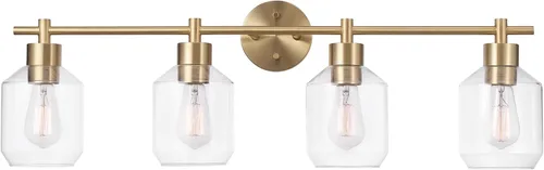 Vista 6 de Globe Electric 52083 Cannes - Lámpara de tocador de 4 luces, latón mate, pantallas de cristal opal, bombilla no incluida